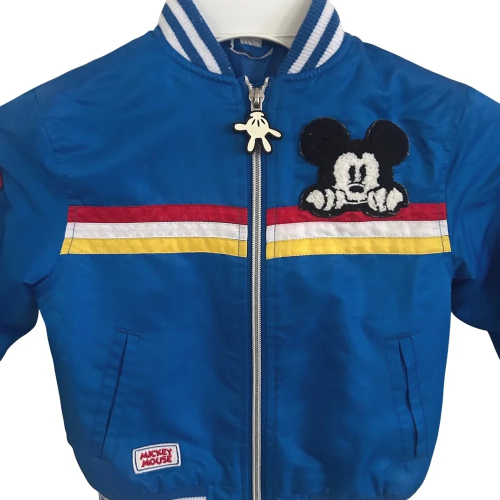 Retro Blue Mickey Mouse Bomber Jacket Racing‎ Stripes Patch Zip Up Kids Size 4T